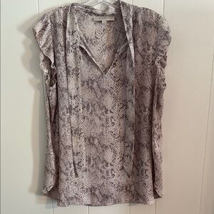 LOFT by Ann Taylor Gray and Soft Pink Blouse Tie Front Ruffled Sleeves.